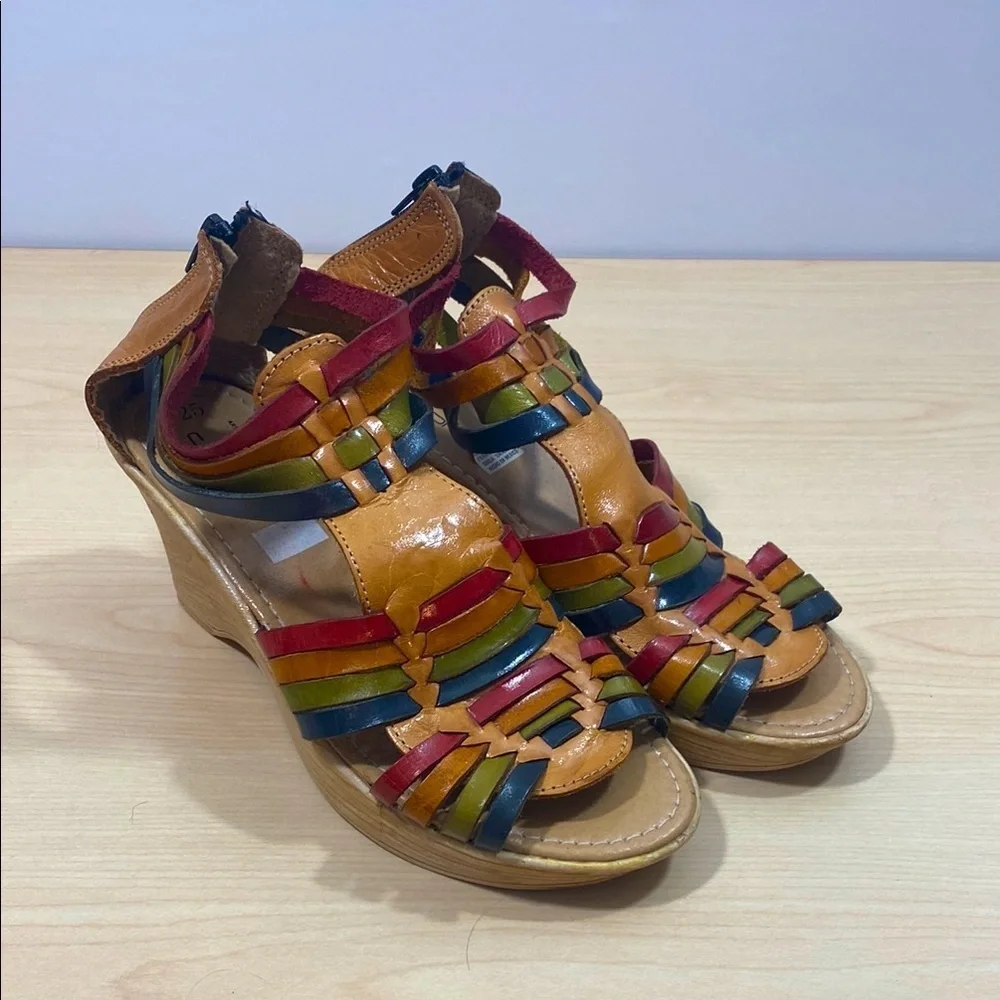 Tan and Red Wedge Sandals with Gladiator Straps